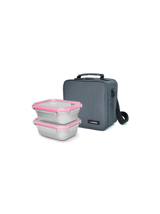BOLSA TÉRMICA GRIS + 2 CONTENEDORES INOX 700ml (APTO HORNO/MICRO)
